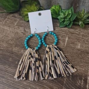 Turquoise Beaded Hoop Earrings with Leopard